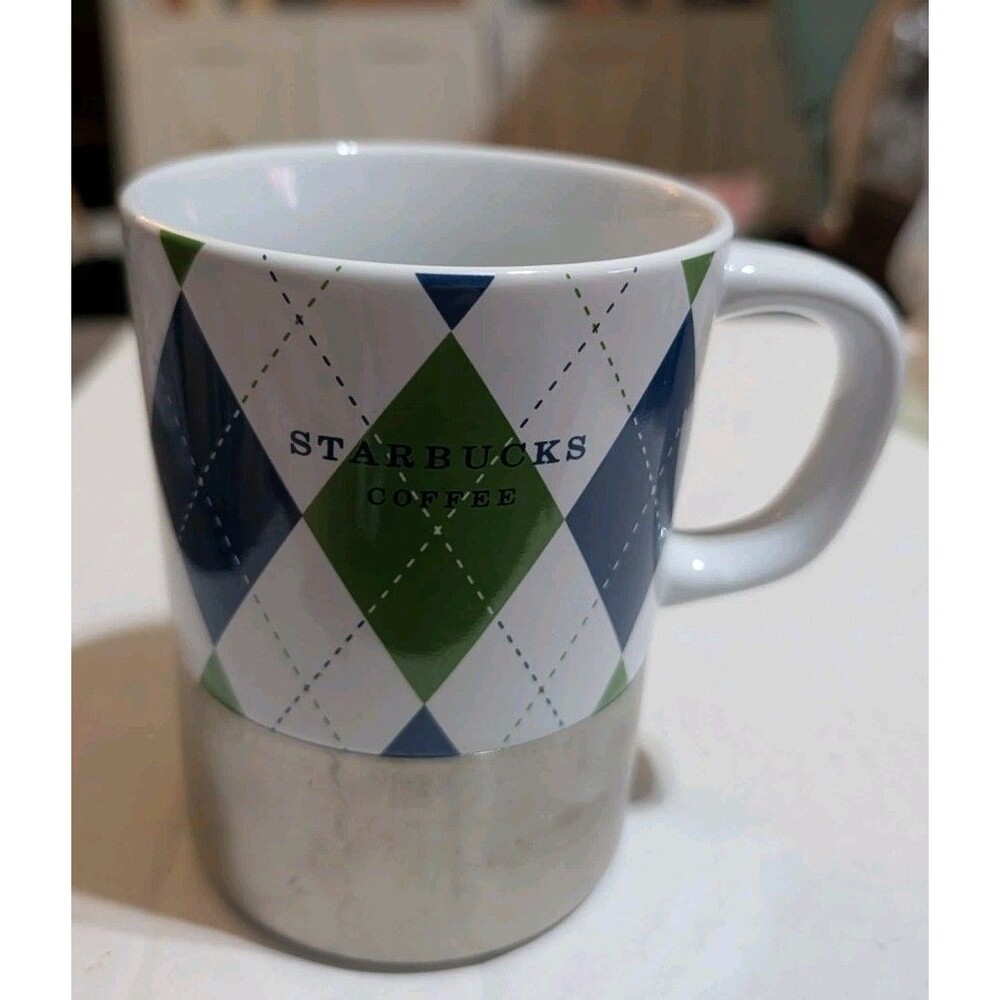 Vintage 2008 Starbucks Argyle Coffee Mug Plaid Ceramic W/ Stainless Steel Base